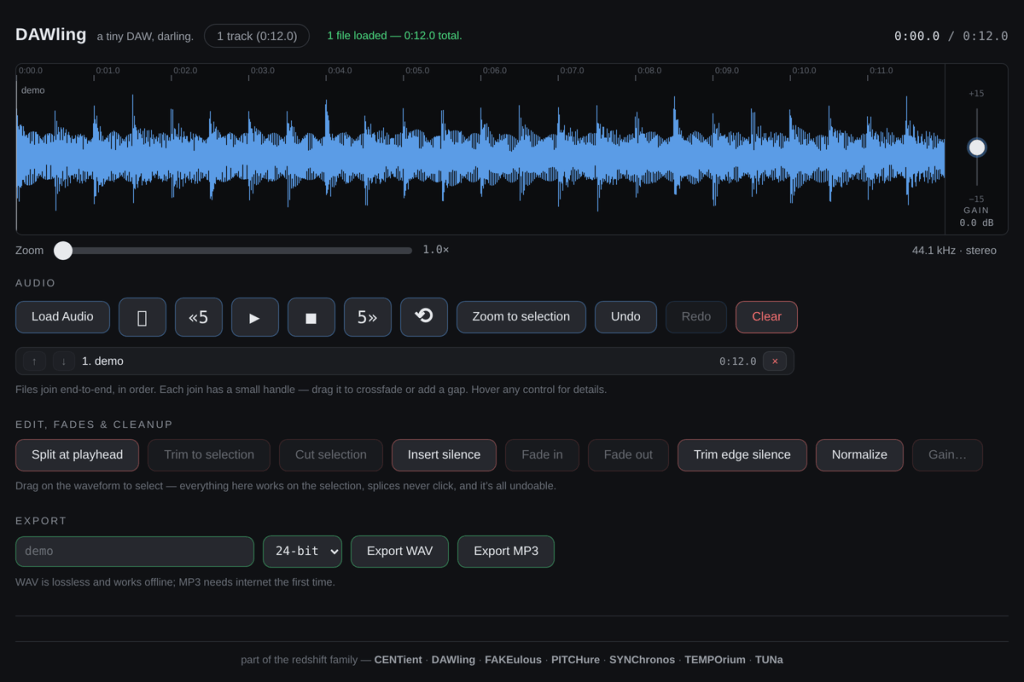 The DAWling editor with a twelve-second clip loaded, its blue waveform filling the timeline above rows of trim, fade and export controls.