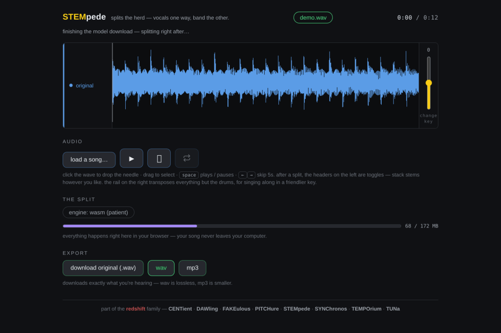 STEMpede with a song loaded and its waveform drawn in blue, the separation engine partway through downloading the model it splits with.